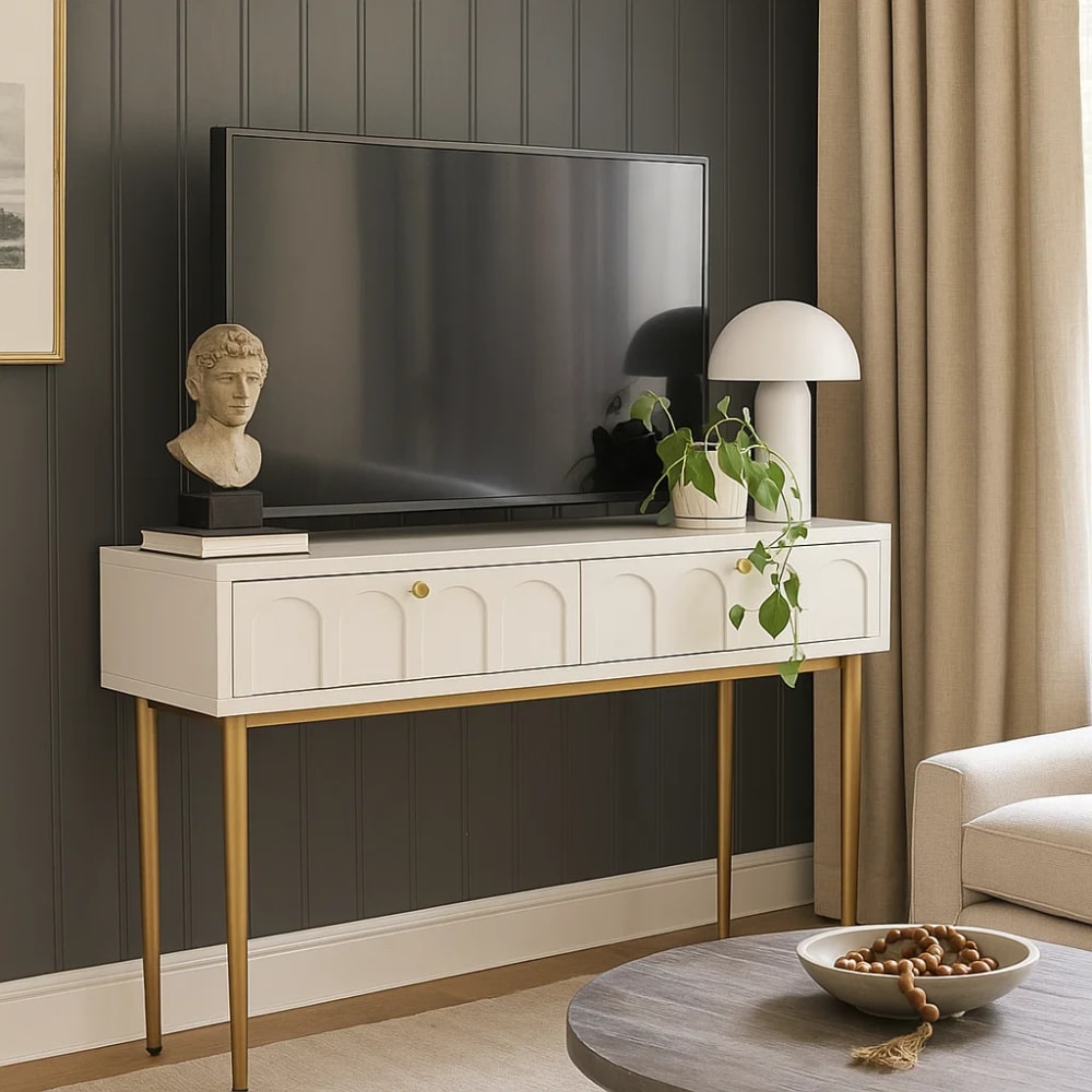 Meuble TV blanc et doré avec tiroirs design contemporain