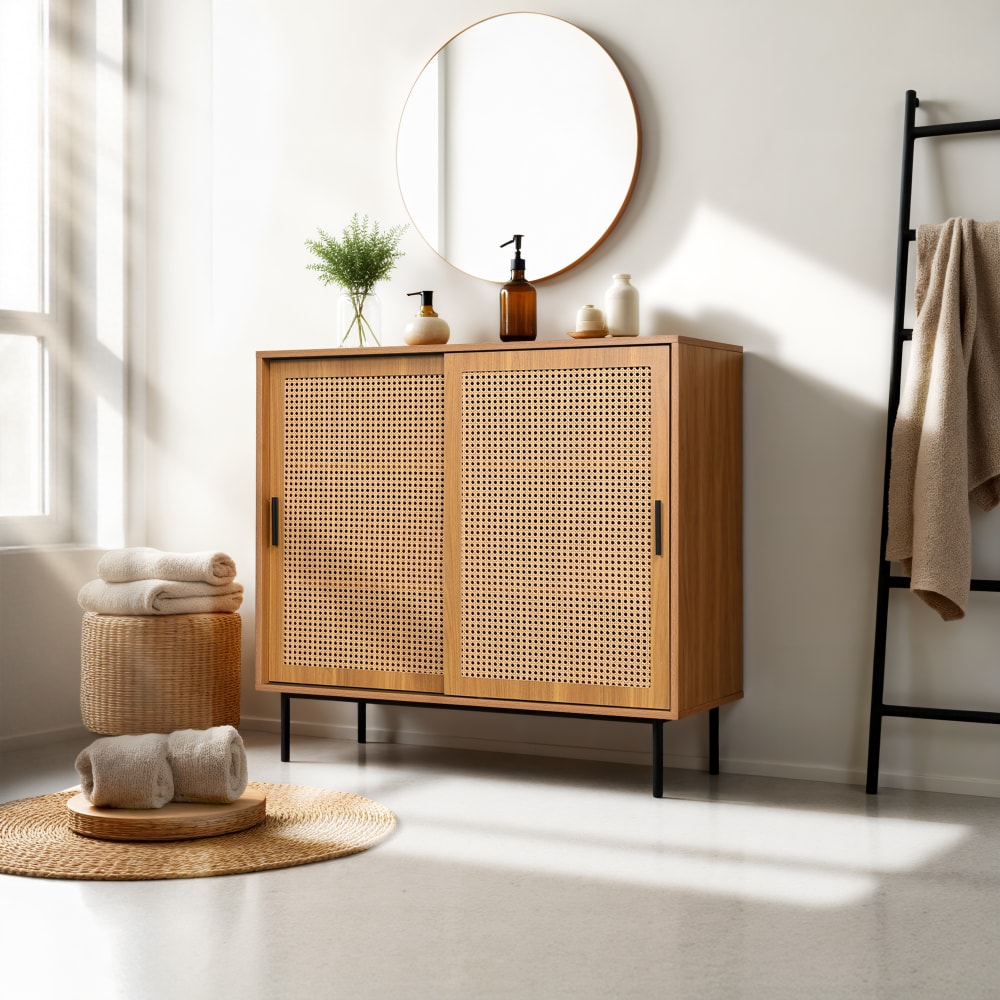 Meuble de salle de bain en bois avec portes cannage