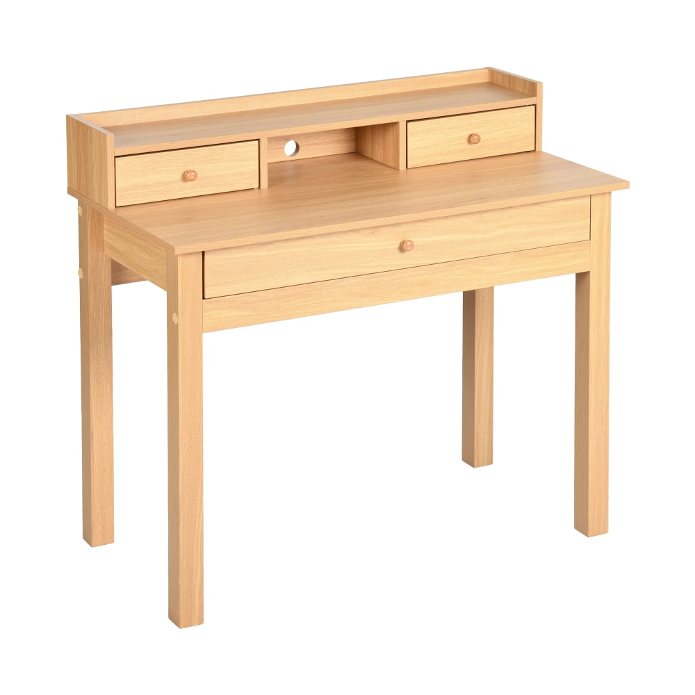 Mesa de exterior de madera clara con cajones