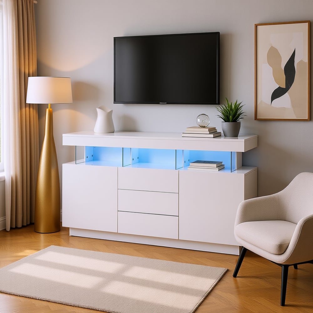 Mueble de TV LED de diseño blanco con almacenamiento y cajones - Maisons du Monde