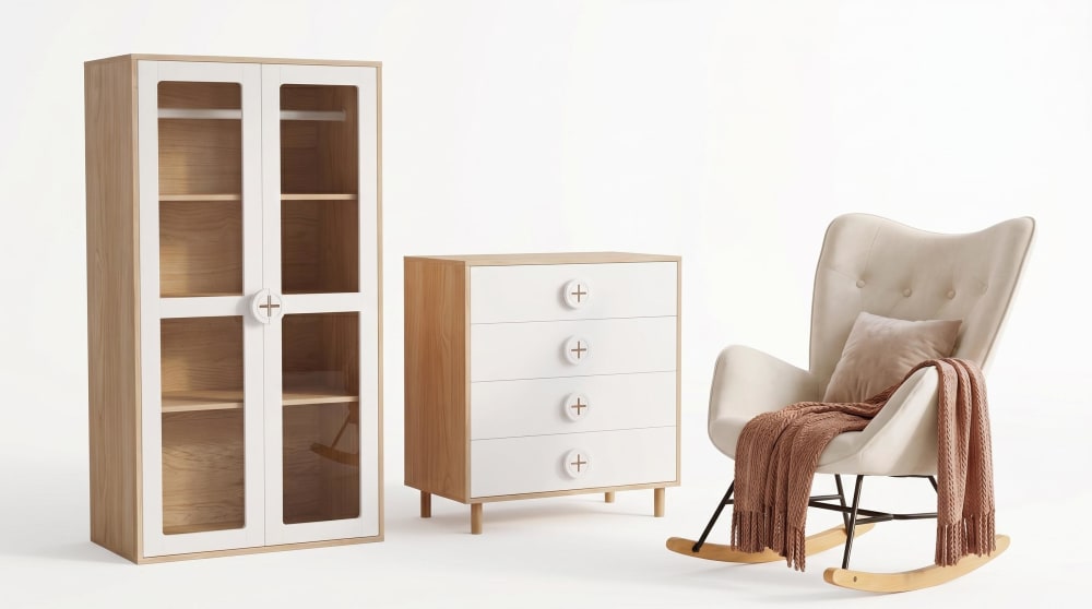 Ensemble salon scandinave : armoire vitrée, commode et rocking-chair