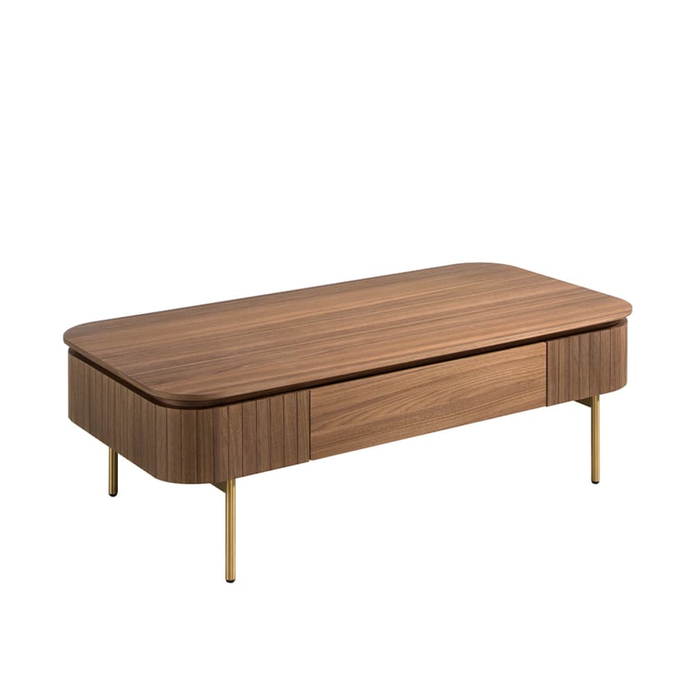 Mesa centro rectangular nogal y acero pulido dorado