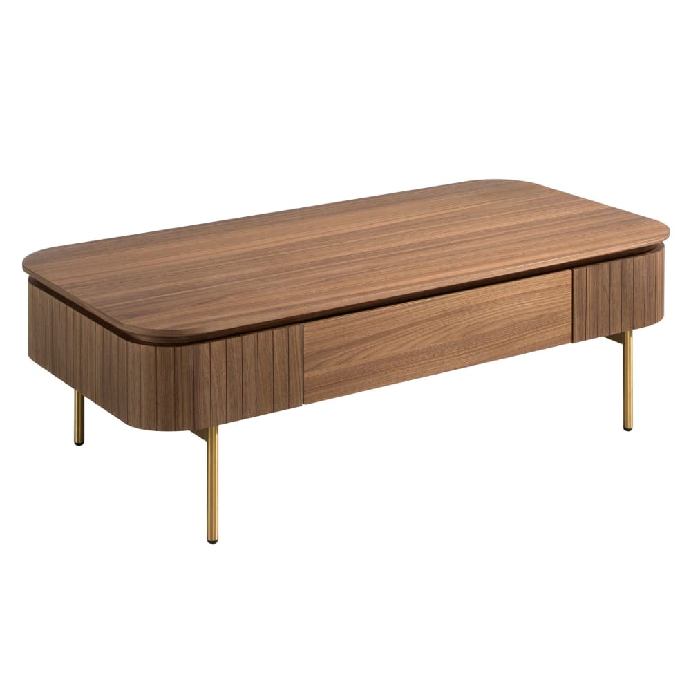 Table basse rectangulaire en noyer et acier poli or Table basse rectangulaire en noyer et acier poli or