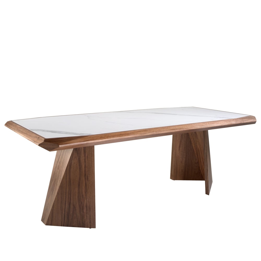 Table à manger rectangulaire marbre porcelaine et noyer
