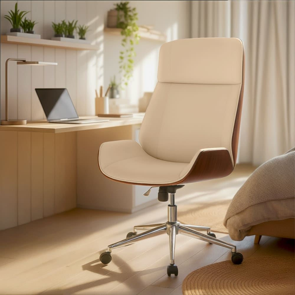 Silla de oficina giratoria regulable en simil cuero nogal/crema