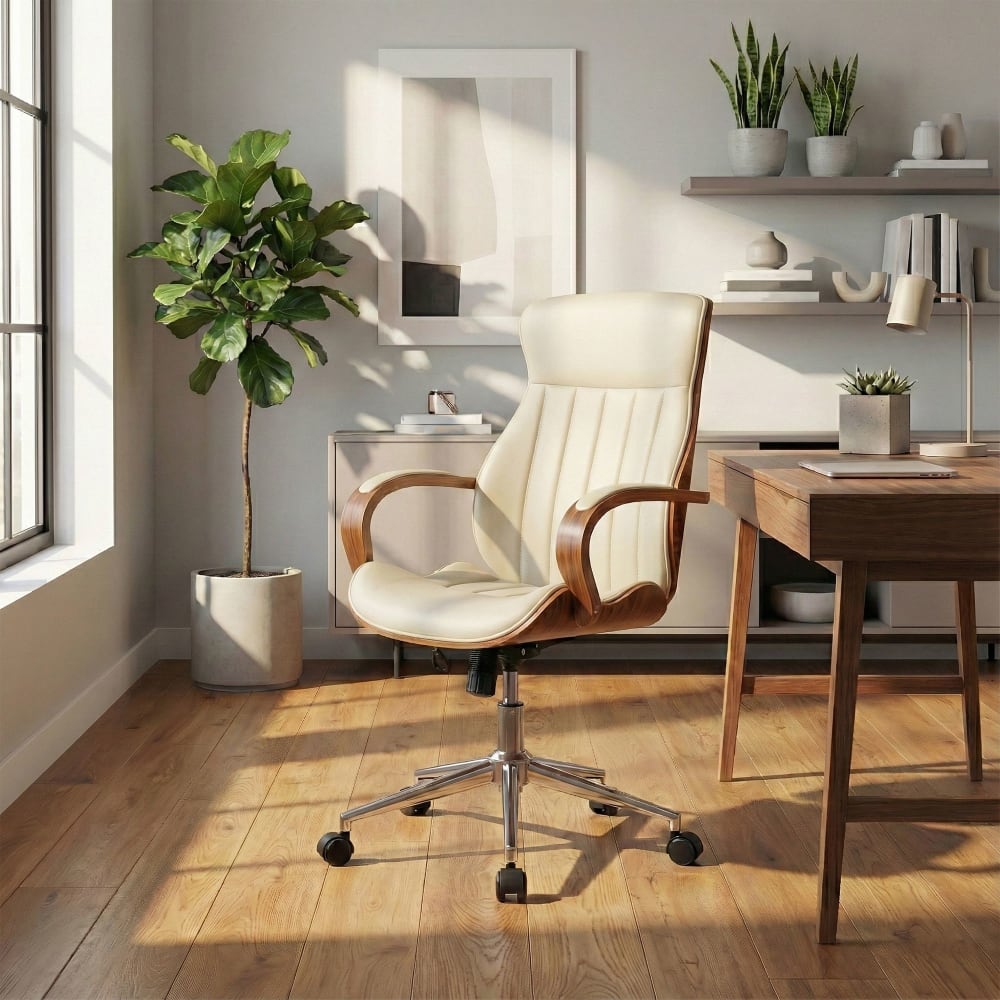 Silla de oficina giratoria regulable en simil cuero nogal/crema