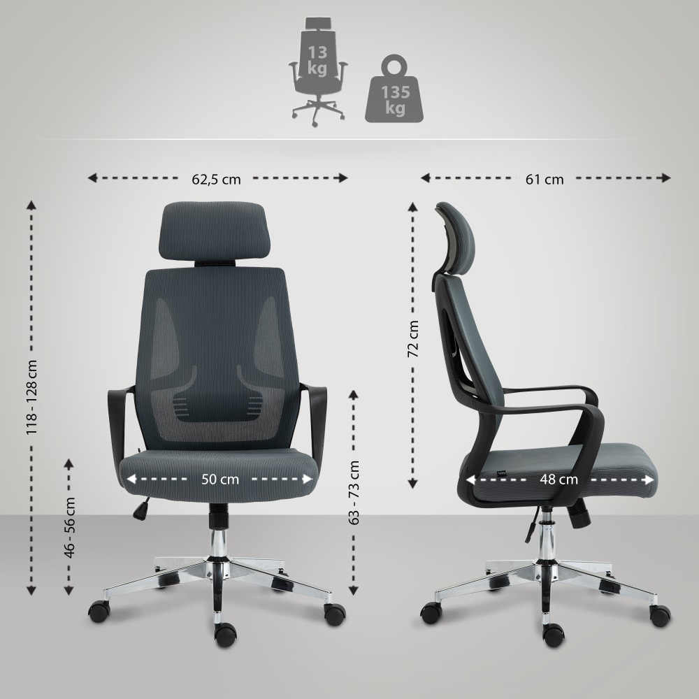 Bürostuhl Ergonomisch Lendenwirbel-Kopfstütze Stoff grau -