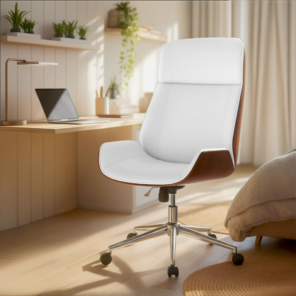 Silla de oficina giratoria regulable en simil cuero nogal/blanco