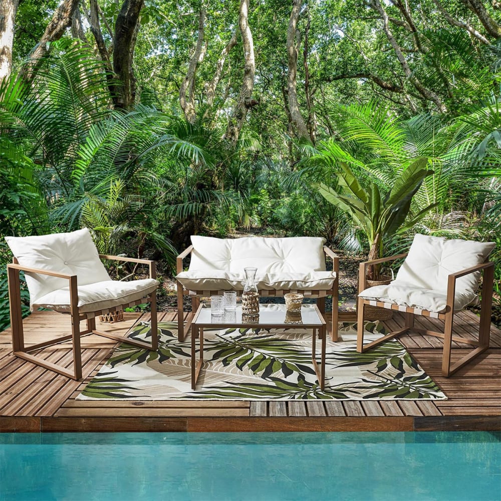 Salon de jardin 4 pièces marron et blanc + coussins - Maisons du Monde