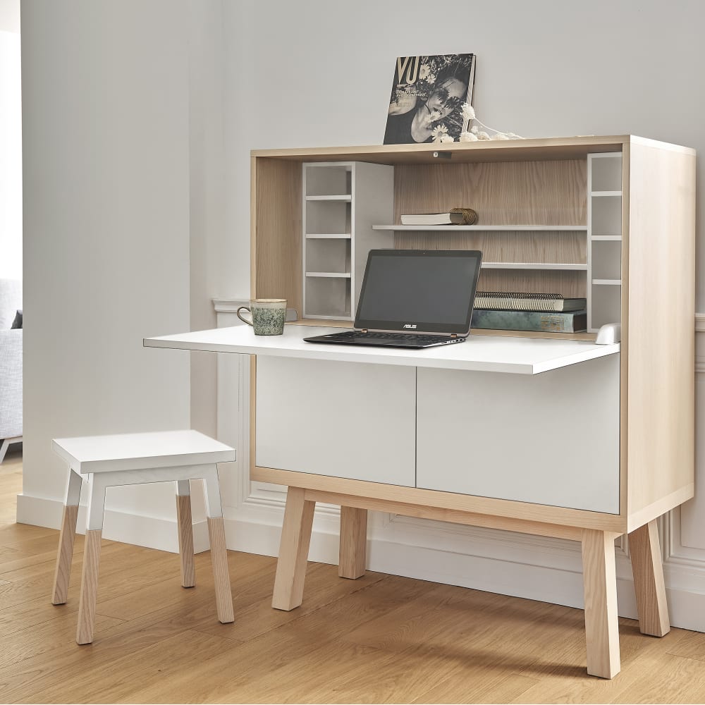 Bureau secrétaire avec rangement, 120 cm de large, en frêne