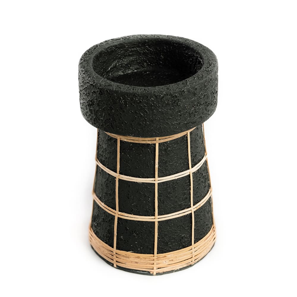 Portacandela in terracotta e rattan nero e marrone 12x12x20 cm -