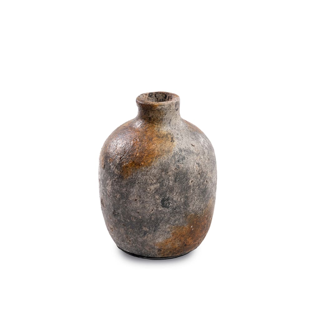 Vase terre cuite et rotin antique et gris 13x13x19cm