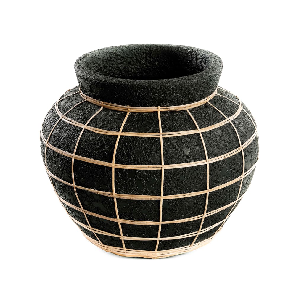 Vase en terre cuite et rotin noir naturel 33x33x27 cm