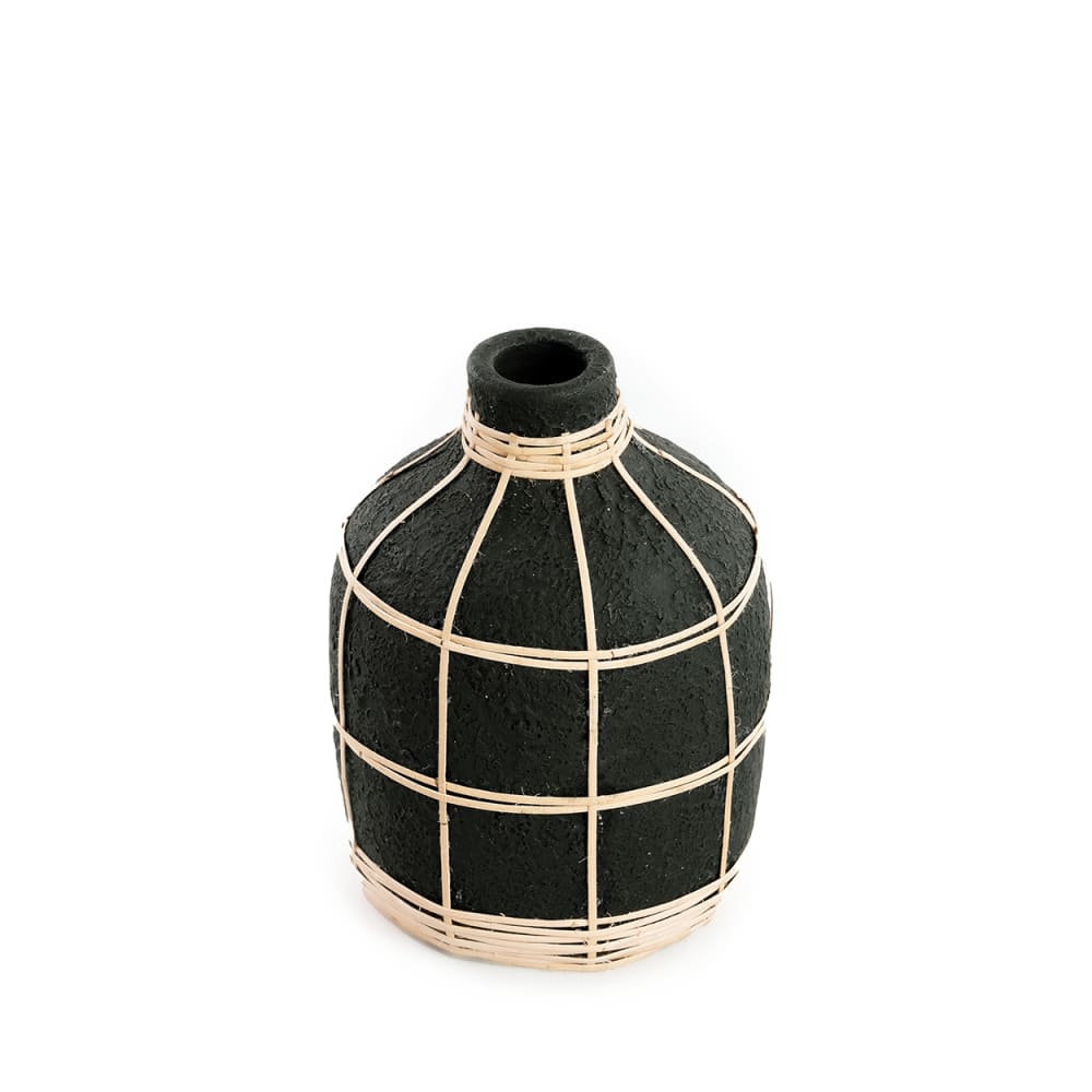 Vase terre cuite et rotin noir et marron 13x13x19cm