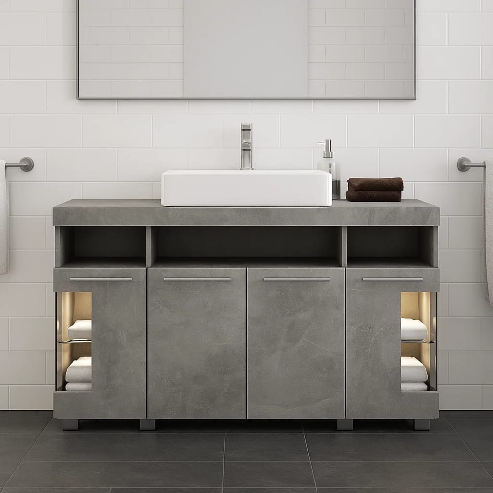 Meuble de salle de bain moderne effet béton gris avec 4 portes