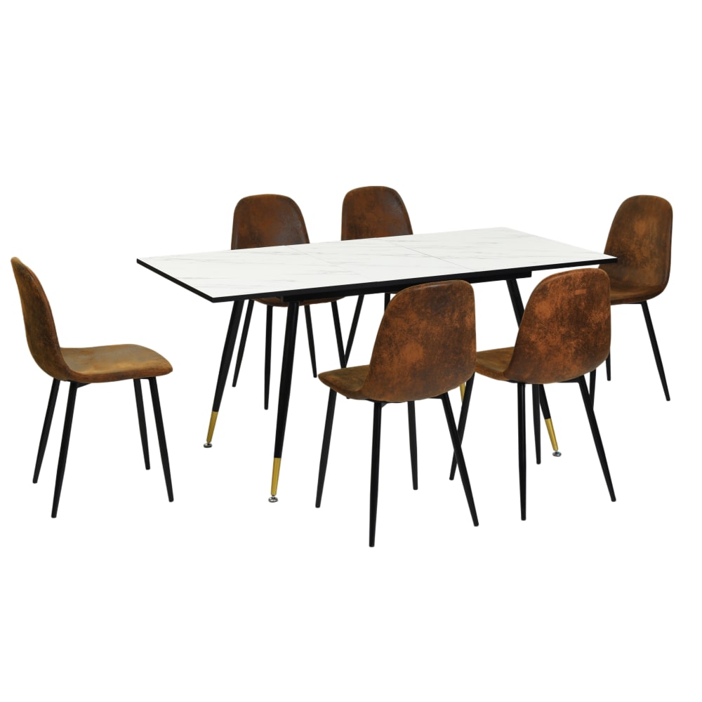 Table effet marbre extensible + 6 chaises vintage suédine marron
