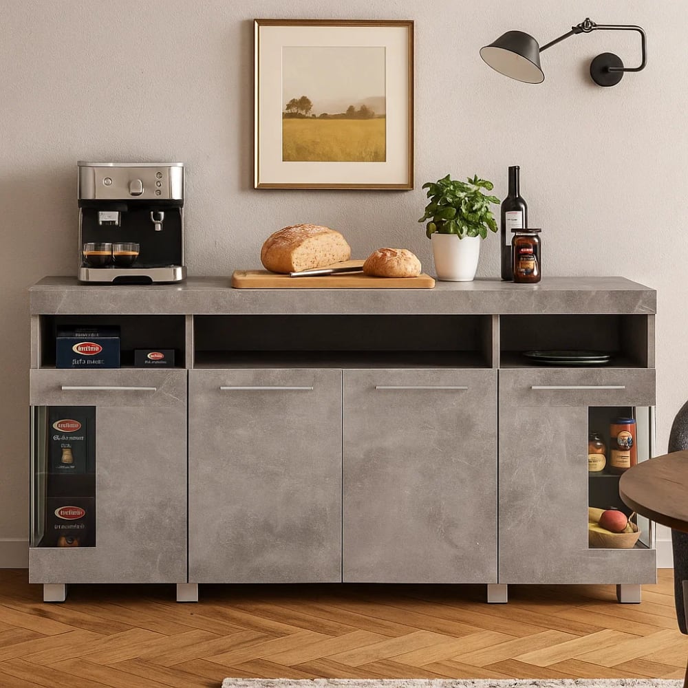 Meuble bas de cuisine moderne effet béton gris avec 4 portes