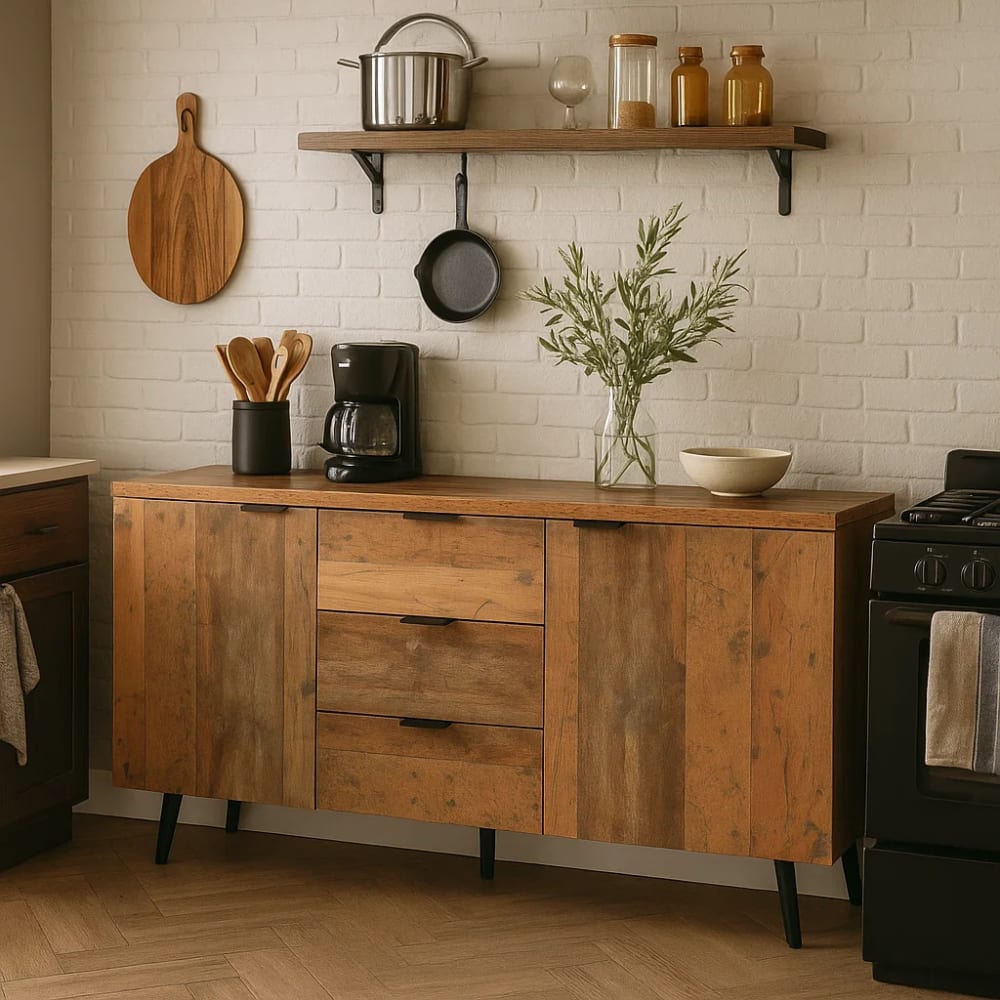 Buffet de cuisine en bois rustique avec 2 portes et 3 tiroirs