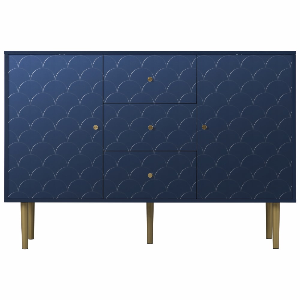 Buffet de cuisine bleu sculpté avec tiroirs et portes dorées