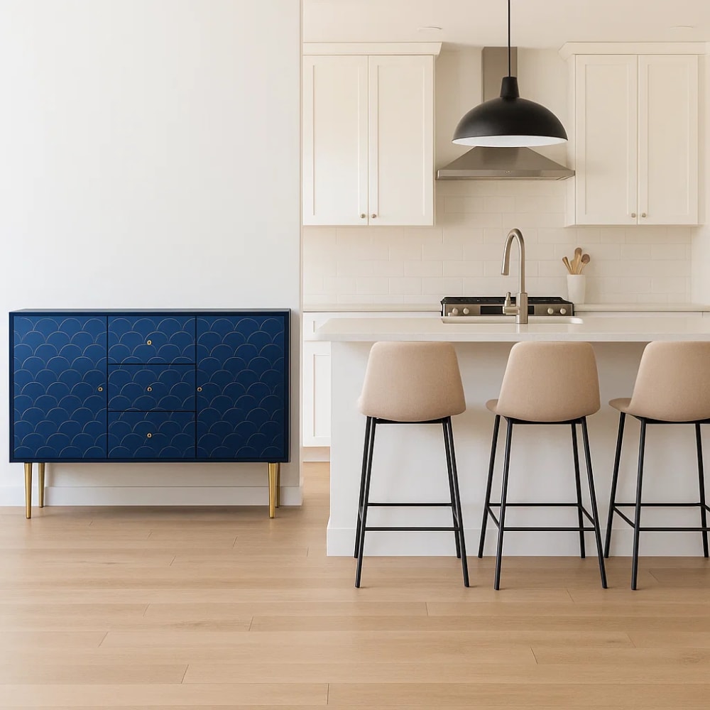 Buffet de cuisine bleu sculpté avec tiroirs et portes dorées