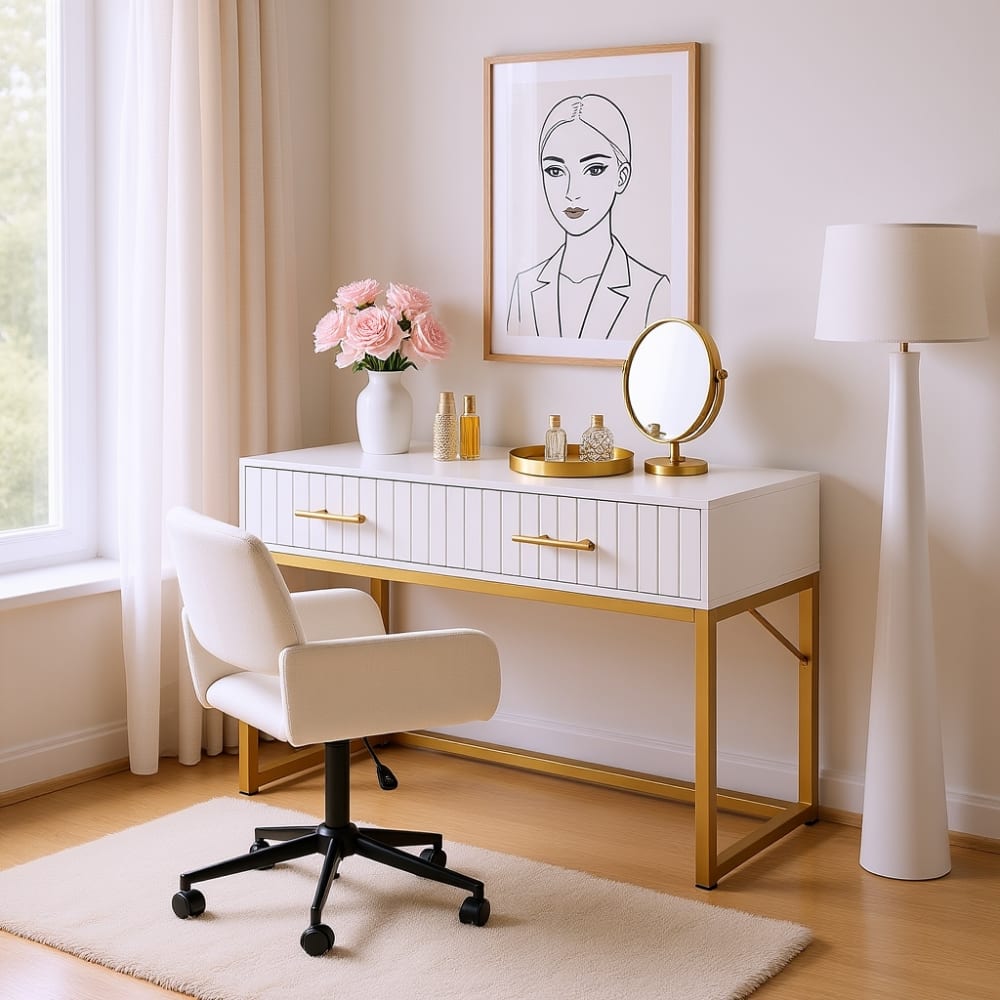 Coiffeuse blanche moderne avec tiroirs et chaise pivotante