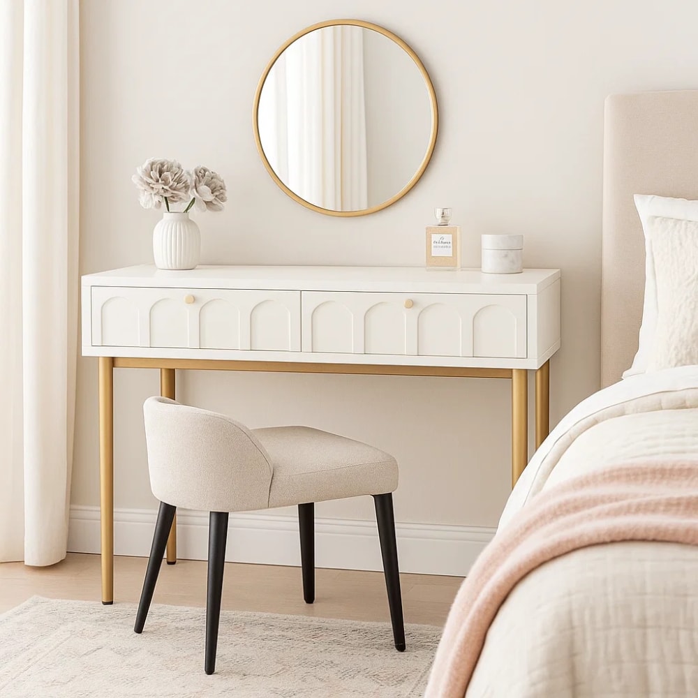 Commode blanche et dorée avec tiroirs et design élégant