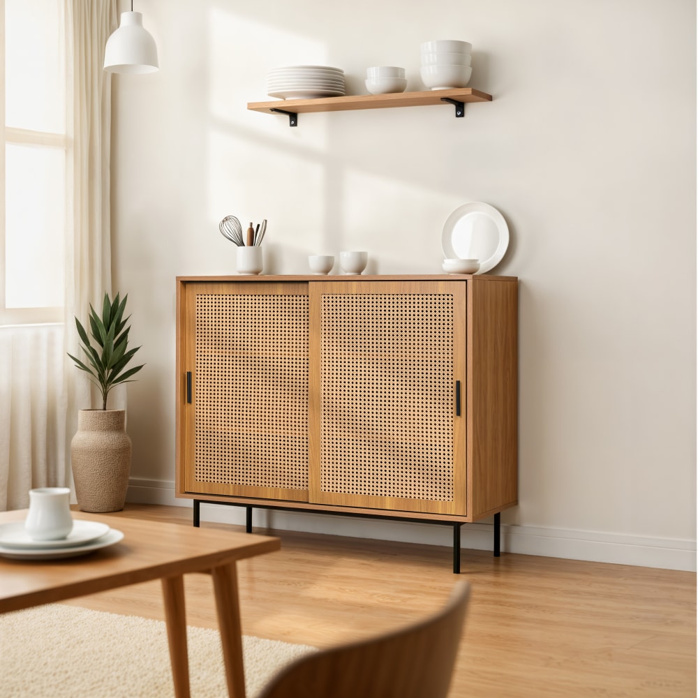 Gabinete de almacenamiento de madera con puerta de caña - Maisons du Monde