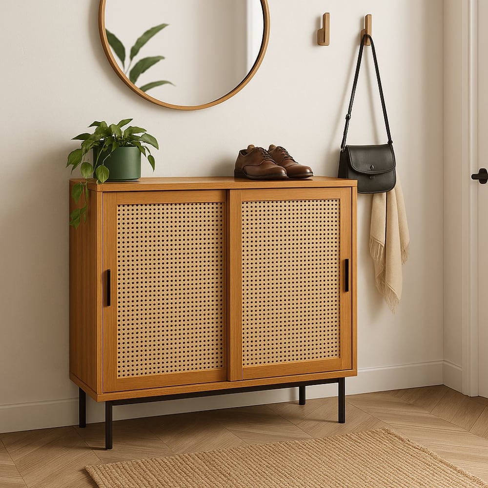 Urban Meuble Eingangskonsole aus Holz mit Schiebetüren aus Rohrgeflecht style vintage Braun Spanplatte