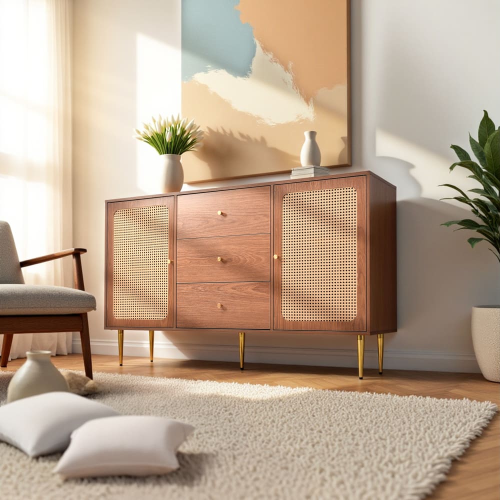 Console Table en Bois à Panneaux en Cannage