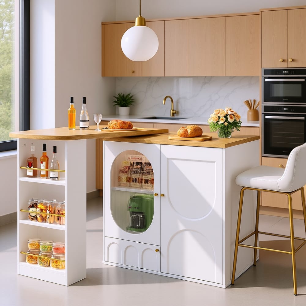 Îlot de cuisine blanc et bois avec rangements intégrés