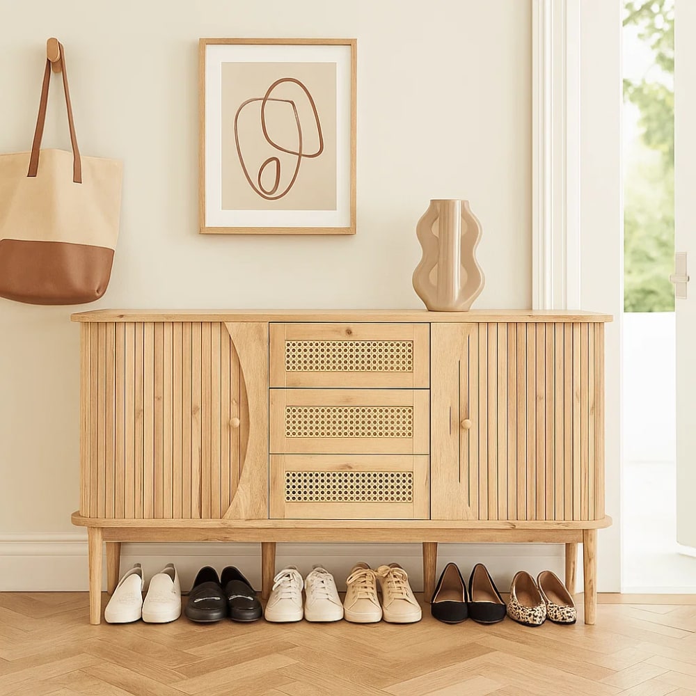 Meuble à chaussures en bois et cannage