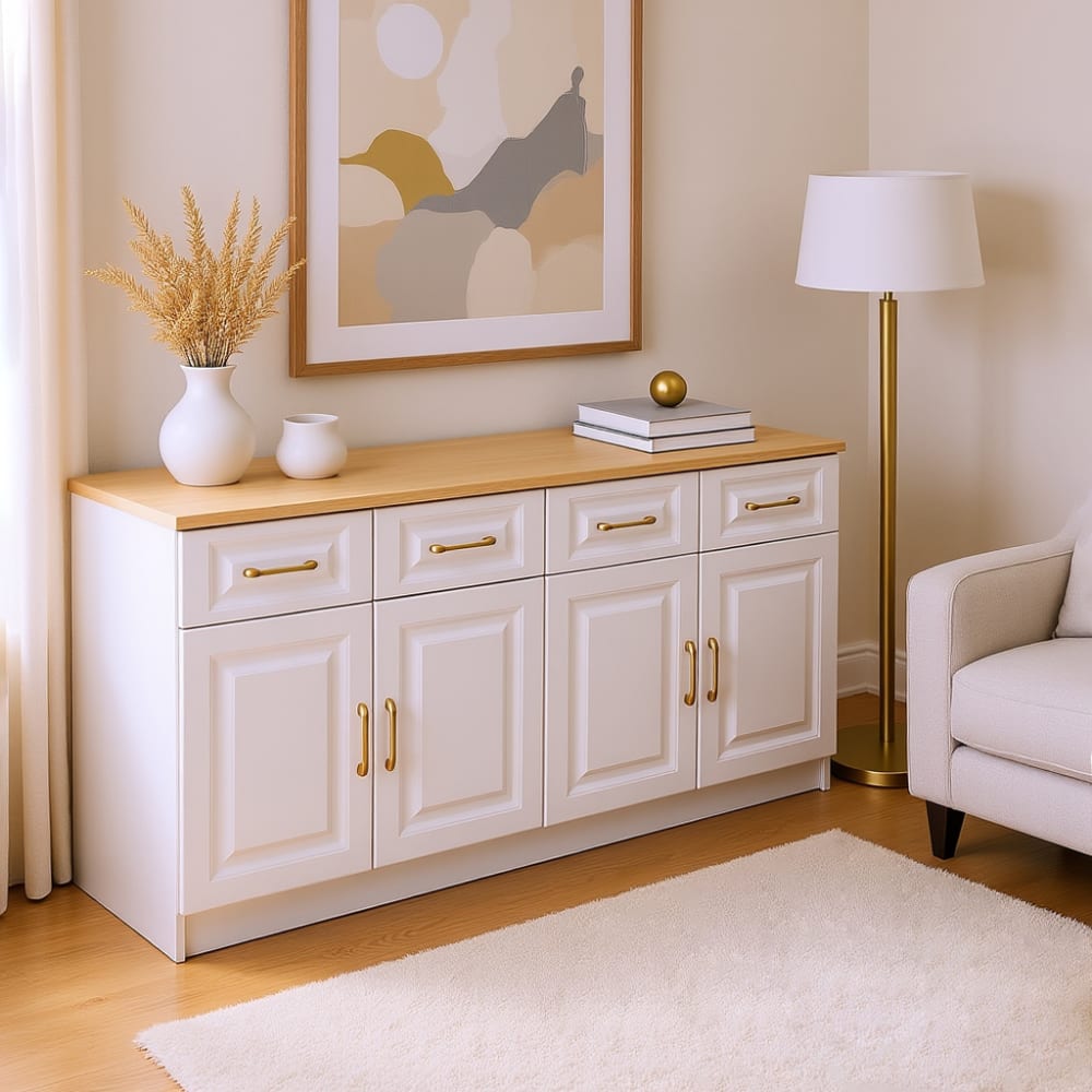 Credenza contenitore bianca e legno con 4 cassetti e 4 ante -