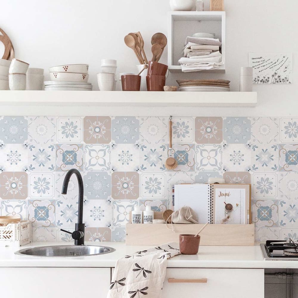 Carta da parati adesiva in vinile mattonelle azzurro tortora 50x300 cm - Multicolore - PVA - Acetato di polivinile