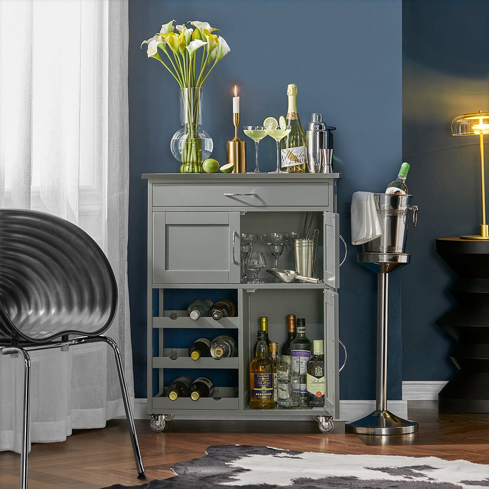 Desserte effet bois gris à roulettes 1 tiroir 3 portes