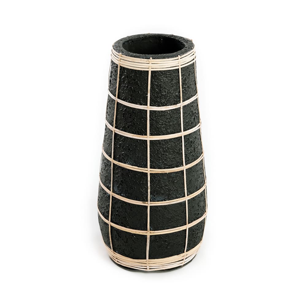 Jarrón de terracota y ratán en negro y marrón 14x14x31cm