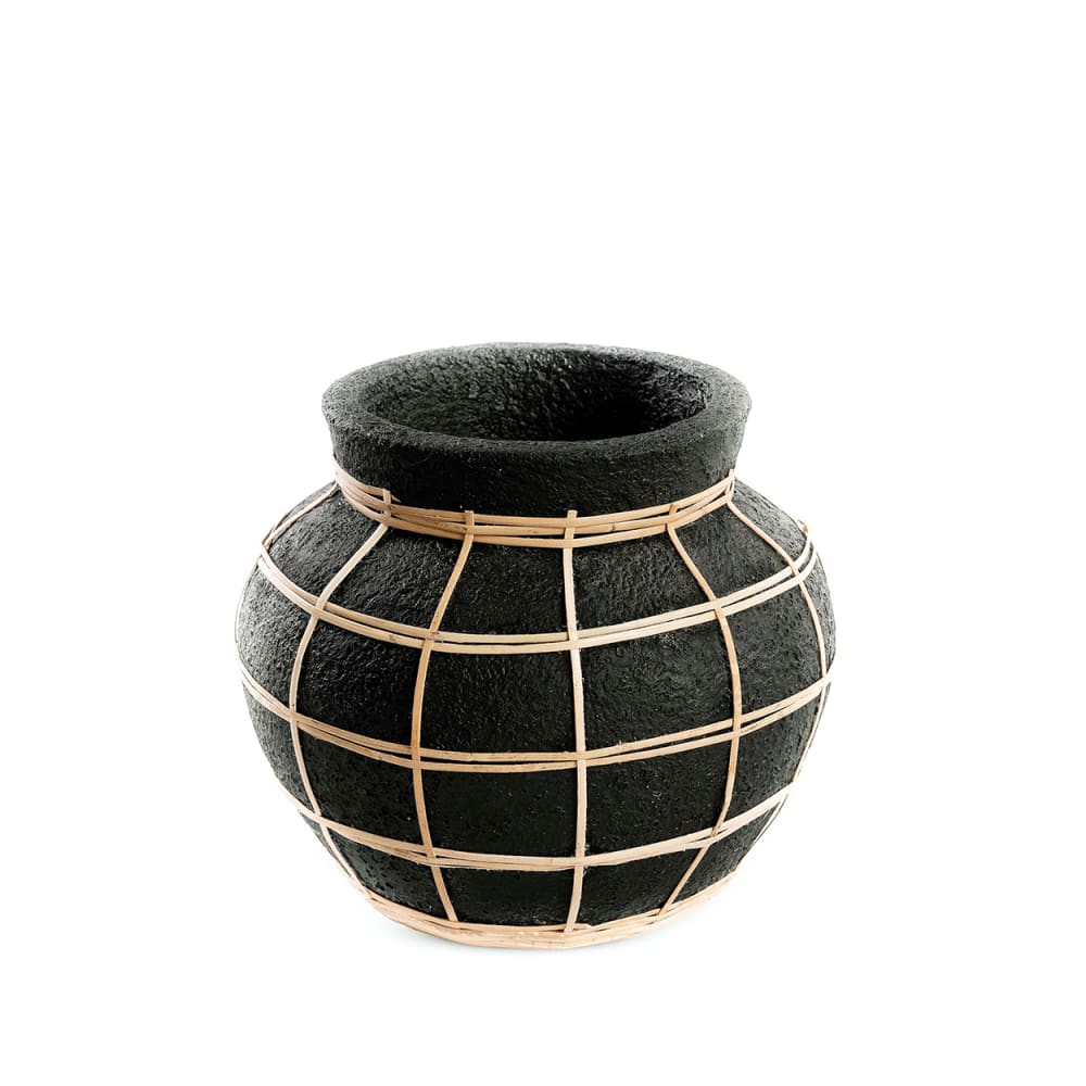 Jarrón de terracota y ratán en negro y marrón 25x25x19cm