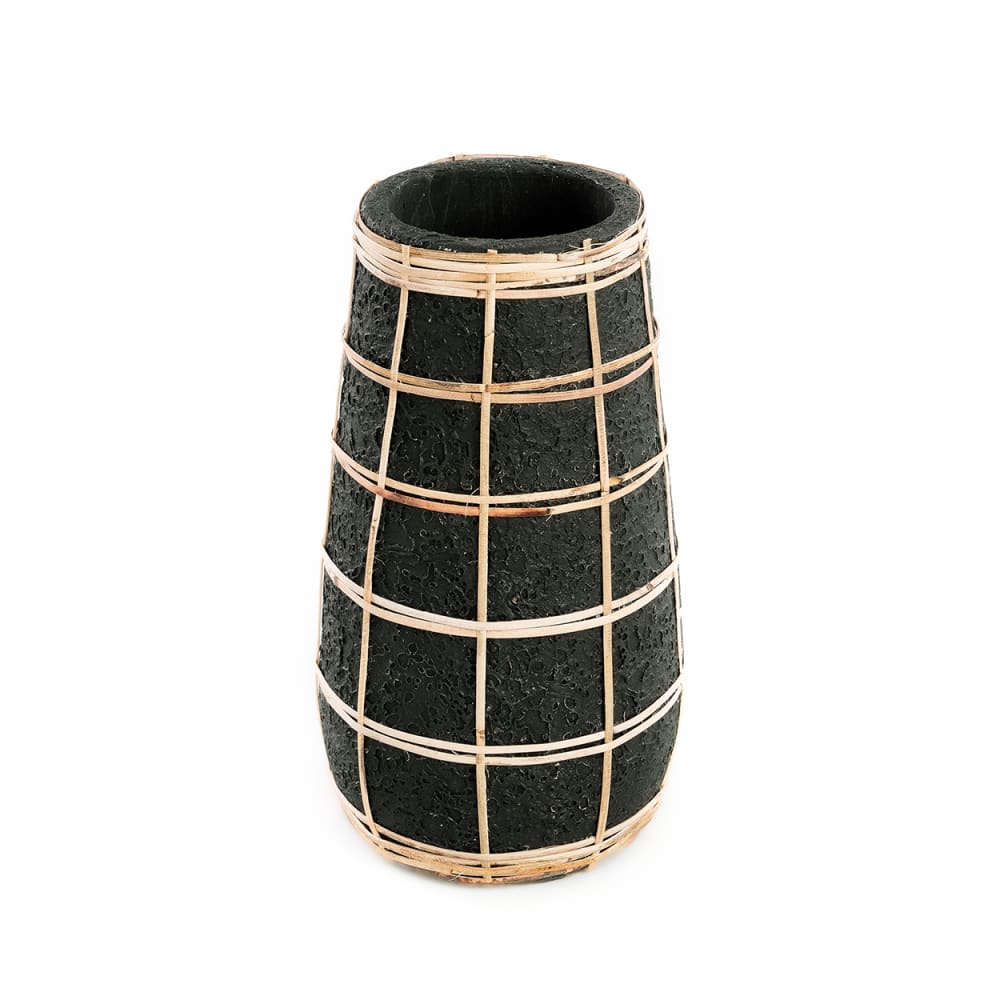 Jarrón de terracota y ratán en negro y marrón 14x14x26cm