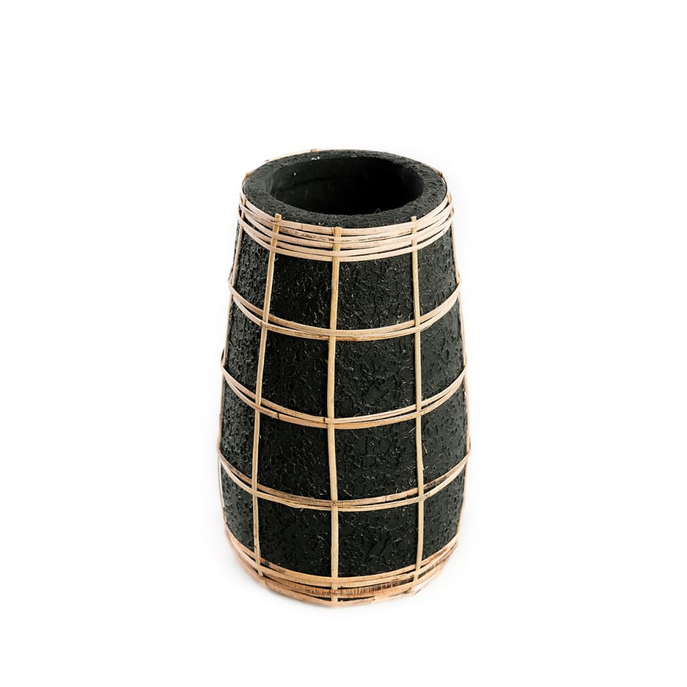 Vase terre cuite et rotin noir et marron 14x14x22cm