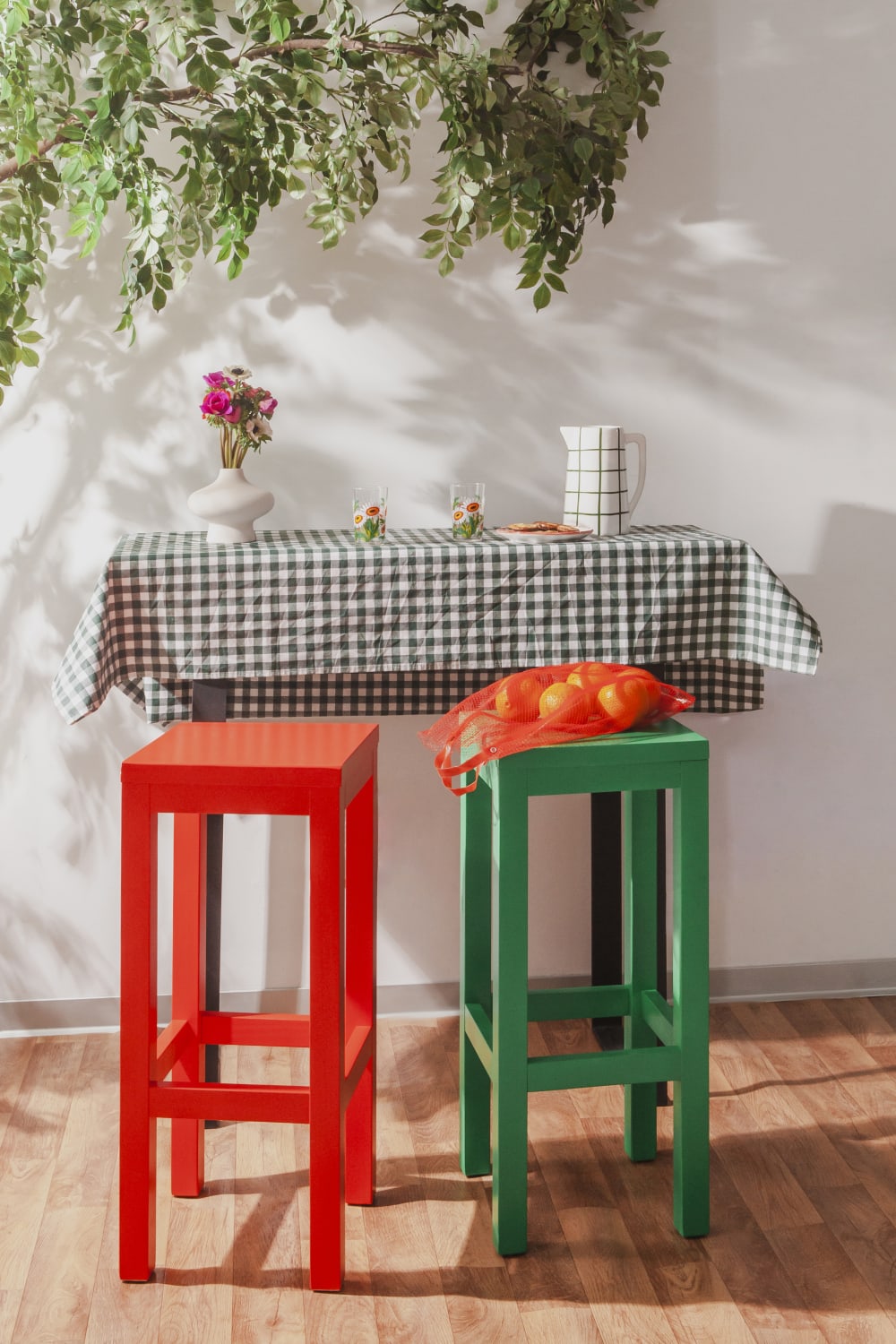 2er Set Hocker aus massiver Kiefer, 75 cm hoch, smaragdgrün