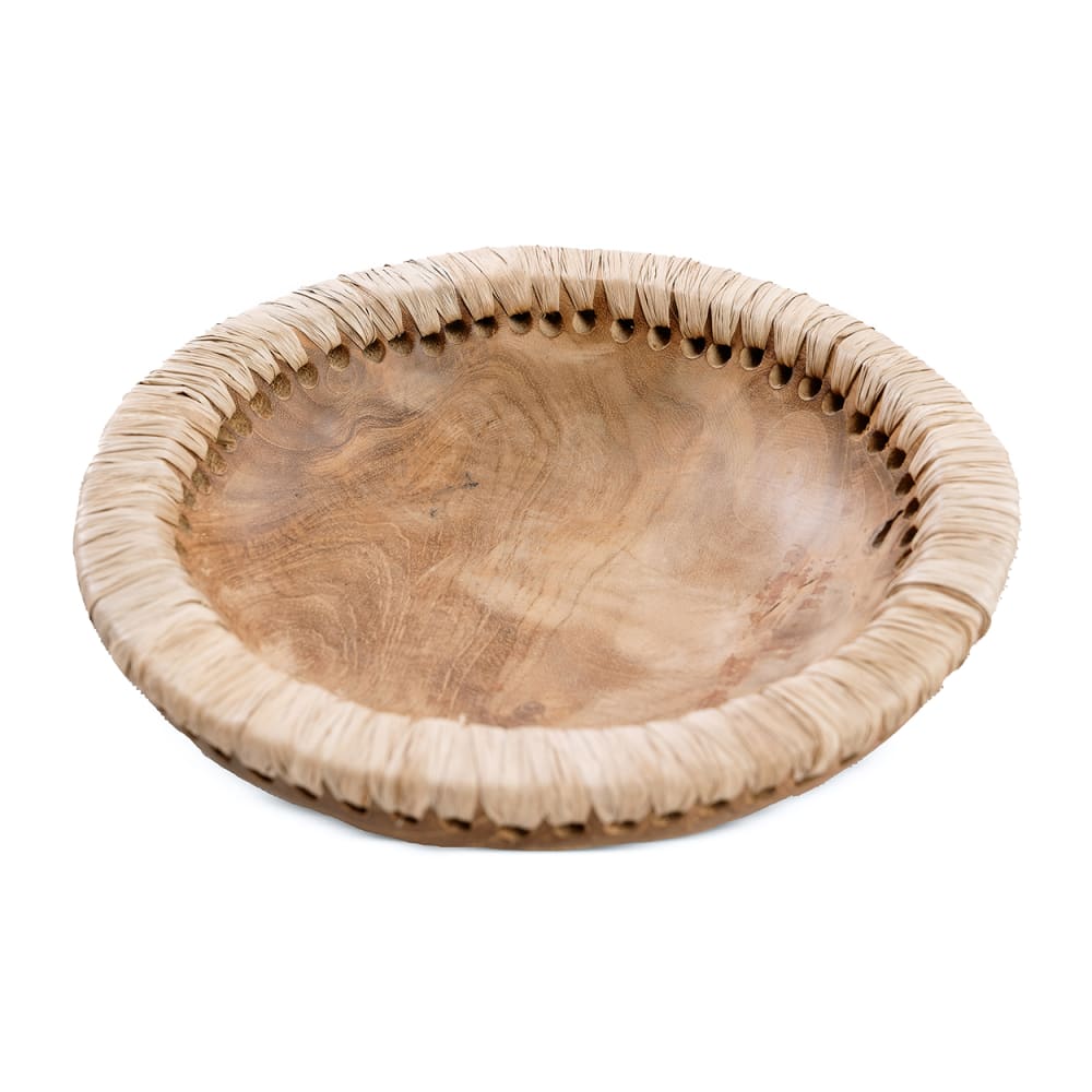 Bol bois de teck et raphia marron 20x20x6cm
