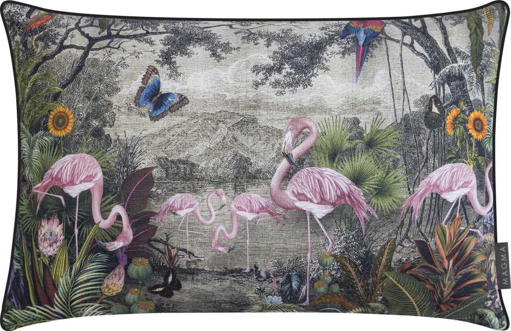 Housse de coussin imprimée paon avec flamands roses- 40x60