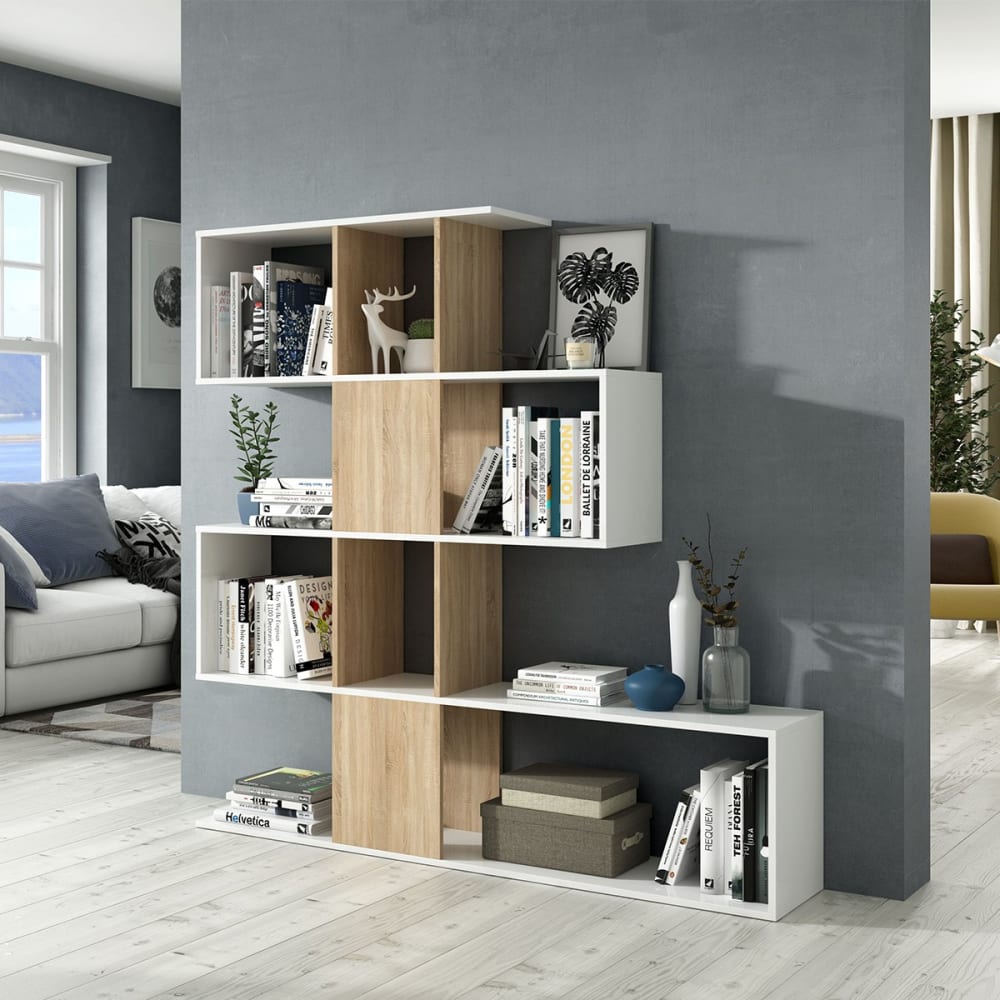 Bibliothèque 4 niveaux, 11 compartiments effet bois - h145 x l145 cm - Maisons du Monde