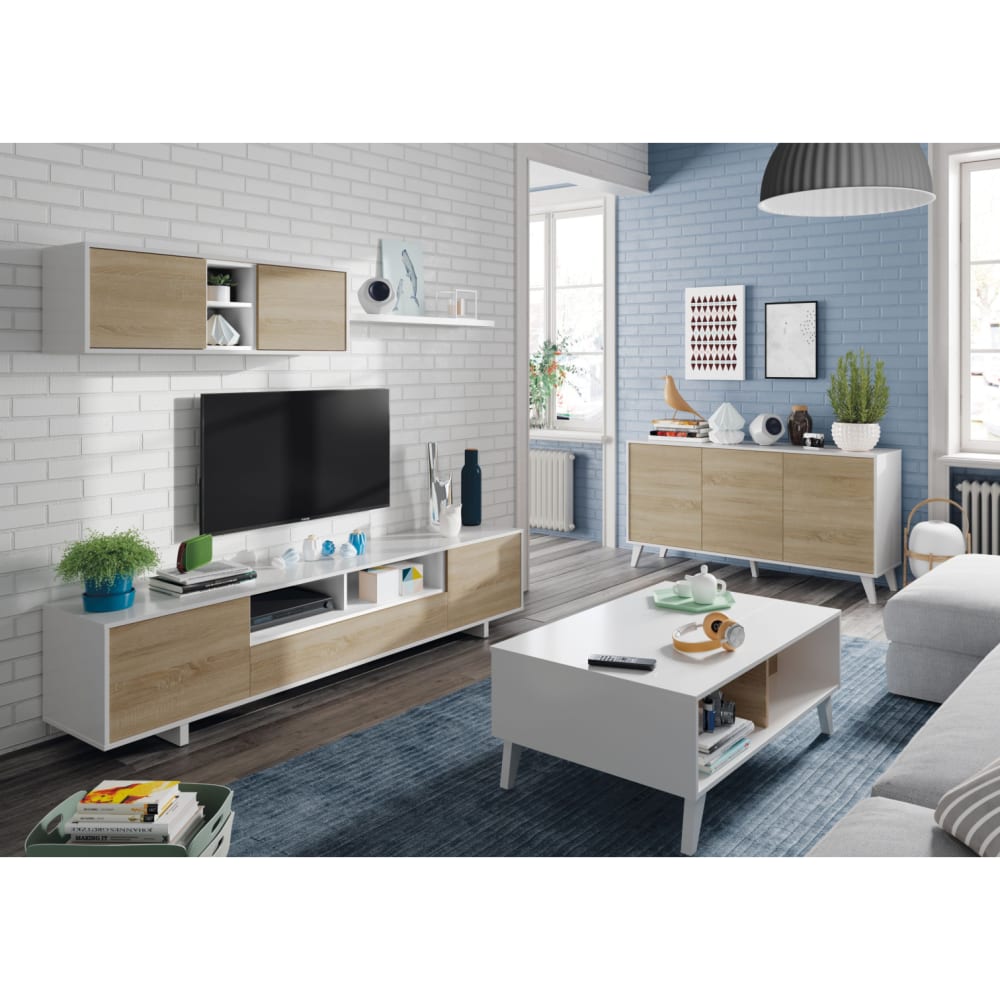 Table basse avec panneau central relevable 100x68cm - blanc / bois - Maisons du Monde