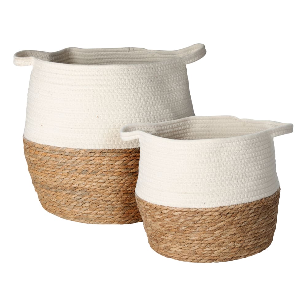 Set 2 ceste portaoggetti in paglia e cotone bianco e marrone - Modello Esotico - Marrone - Fibre naturali