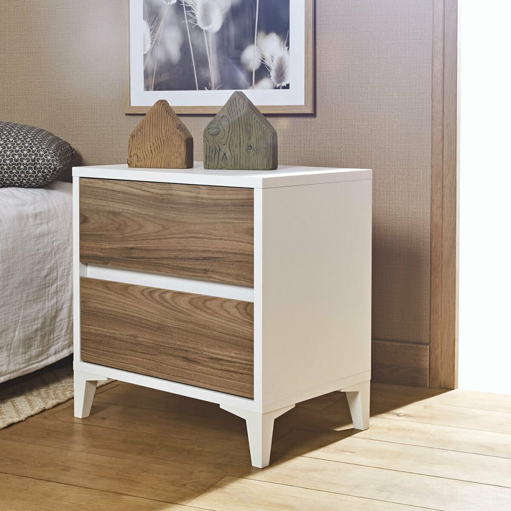 Chevet 2 tiroirs effet bois blanc et noyer - Maisons du Monde