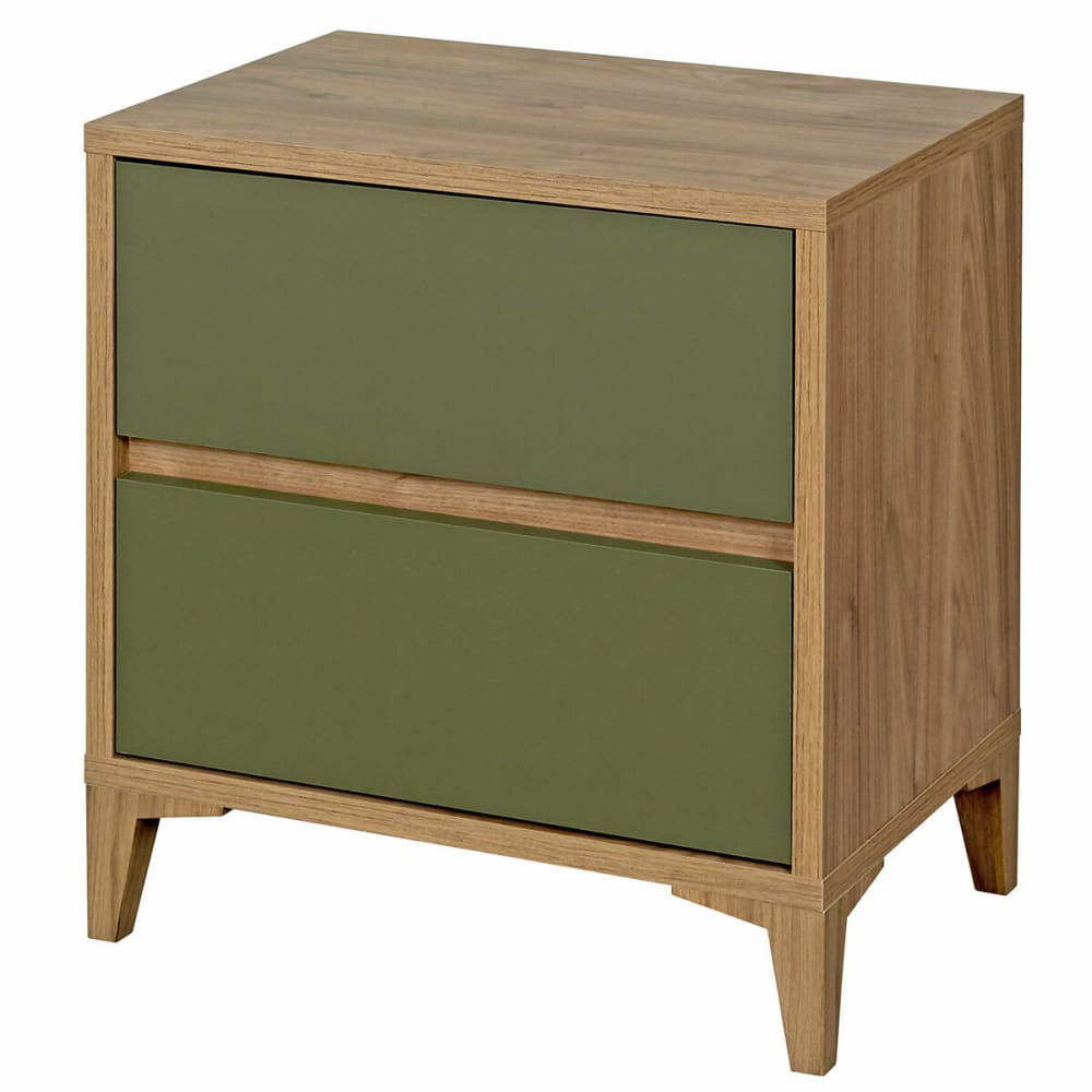Chevet 2 tiroirs effet bois noyer et vert