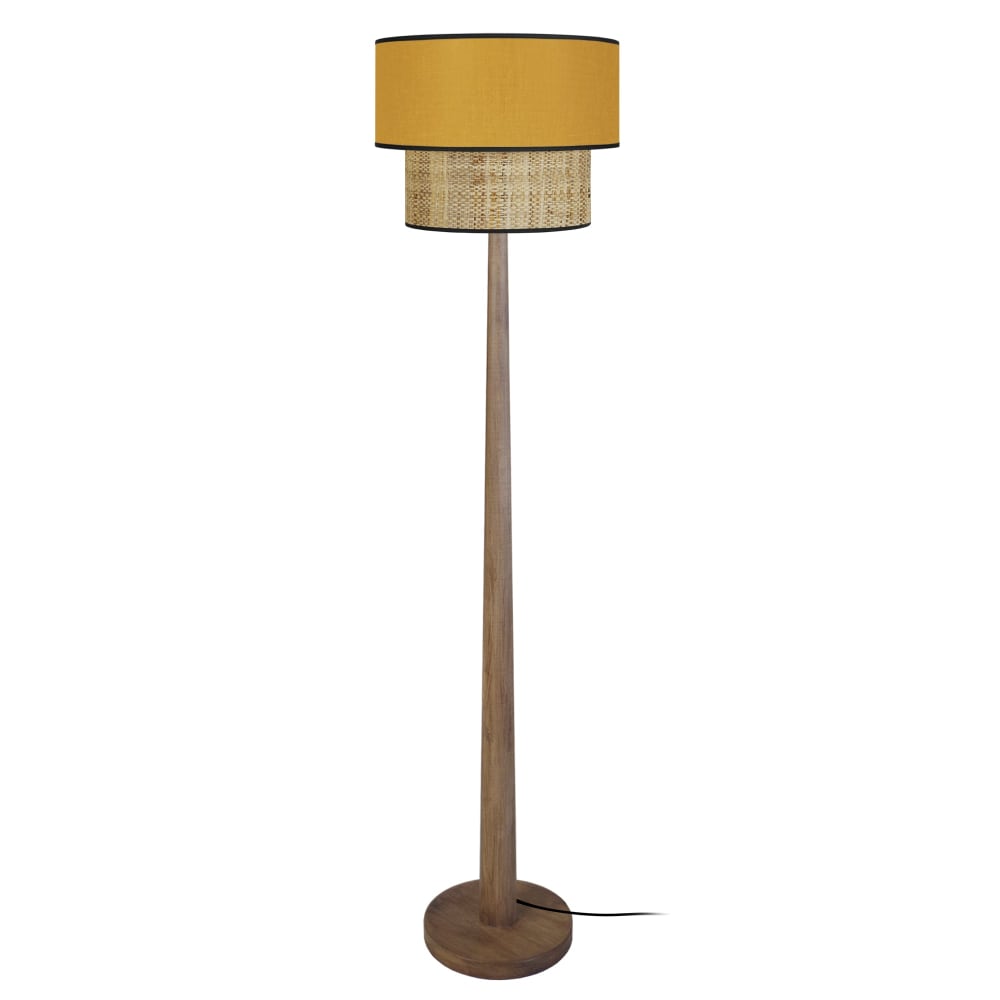 Lampadaire bois foncé abat-jour tissu jaune moutarde