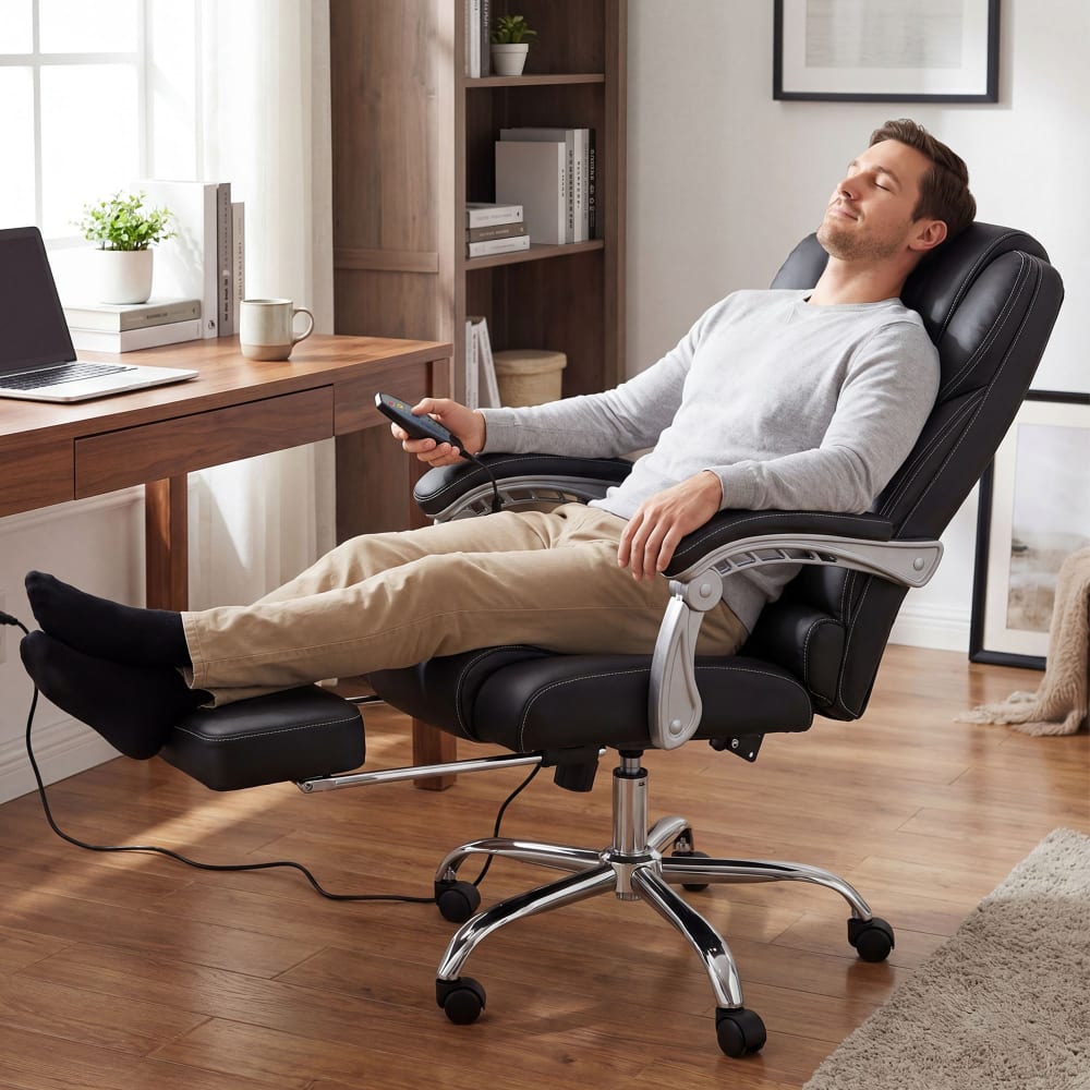 CLP Bürostuhl drehbar mit Massagefunktion aus Echtleder schwarz style modern - -