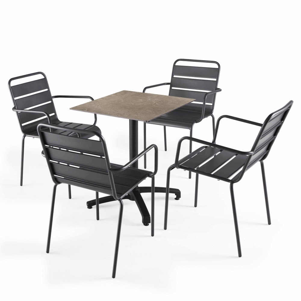 Ensemble table terrasse stratifié marbre beige et 4 fauteuils gris