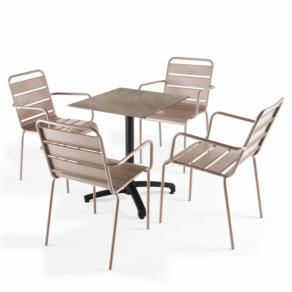 Ensemble table terrasse stratifié marbre beige et 4 fauteuils taupe